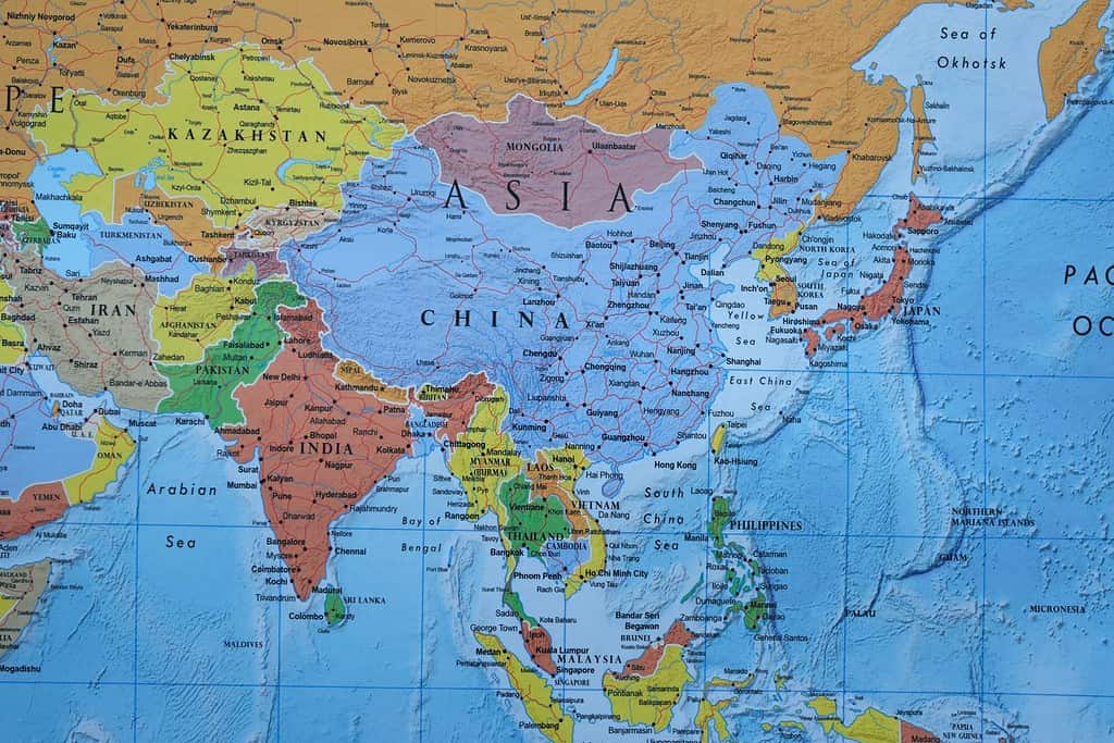 Primo piano dell'Asia sulla mappa del mondo