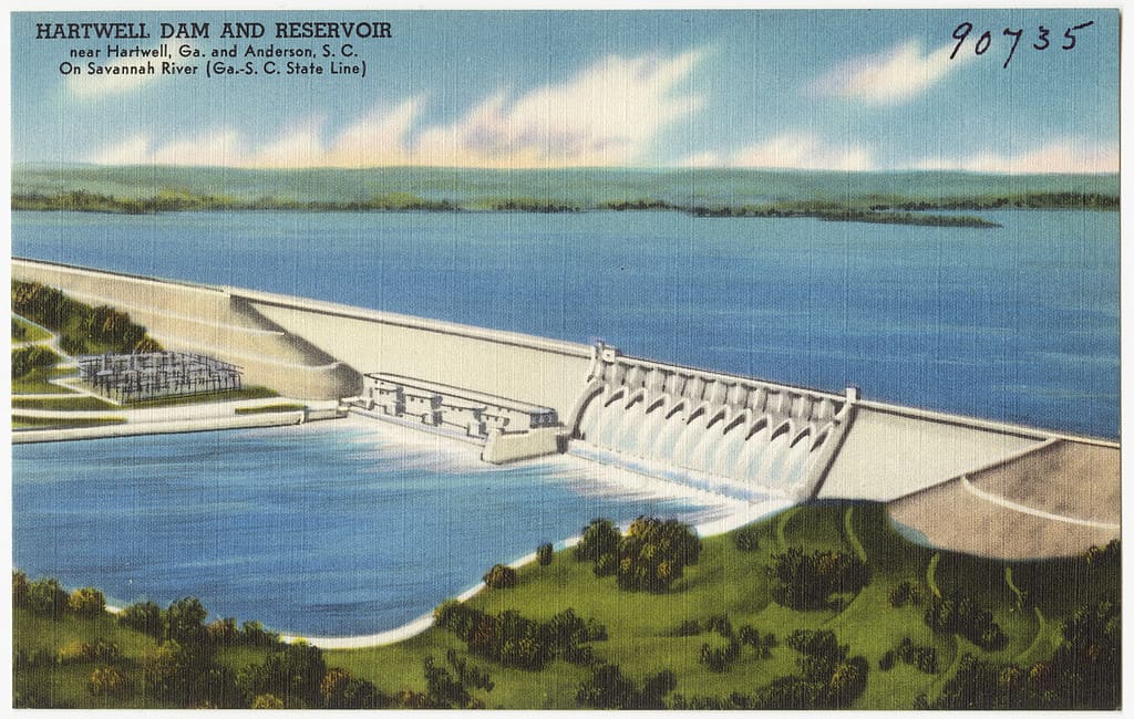 Cartolina di data sconosciuta della diga e del bacino idrico di Hartwell
