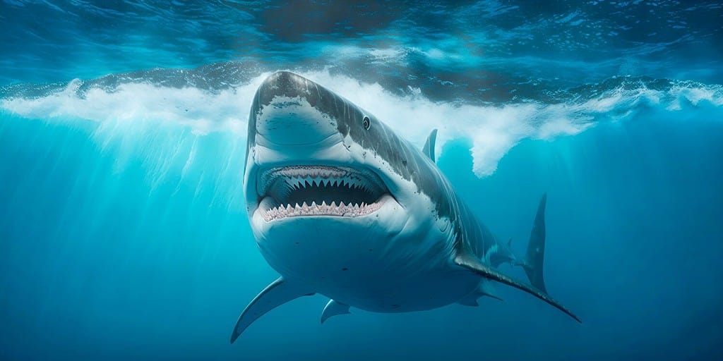 Vista dal basso dello squalo oceanico dal basso.  Aprire la bocca pericolosa con molti denti.  Il mare blu subacqueo ondeggia lo squalo d'acqua limpida che nuota in avanti