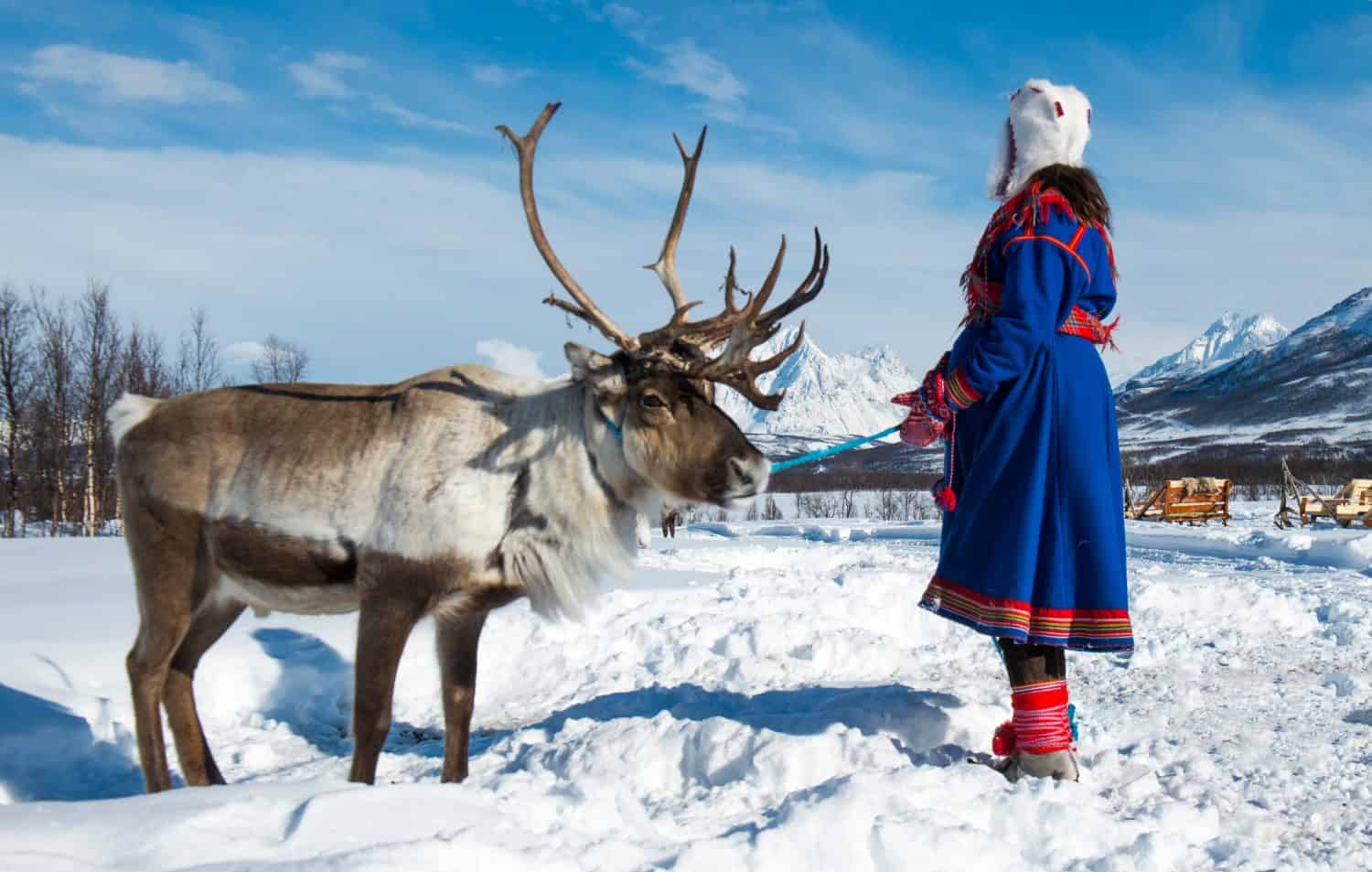 La Norvegia settentrionale, una donna Sami vestita tradizionale. La Lapponia di Tromso