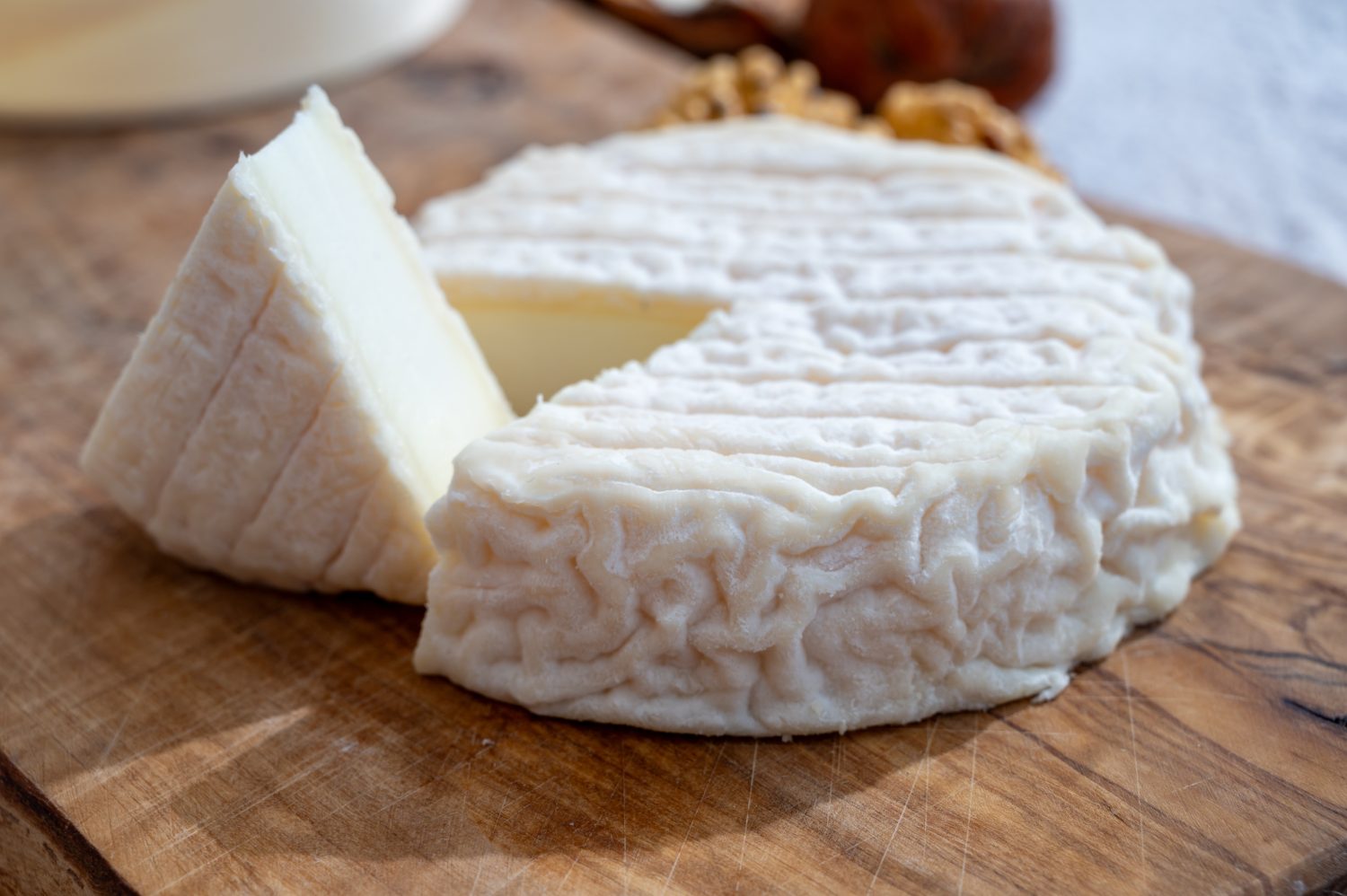 Raccolta di formaggi, formaggio bianco a pasta molle francese Perrail les Buissieres a base di latte di pecora dell'Aveyron, Francia da vicino
