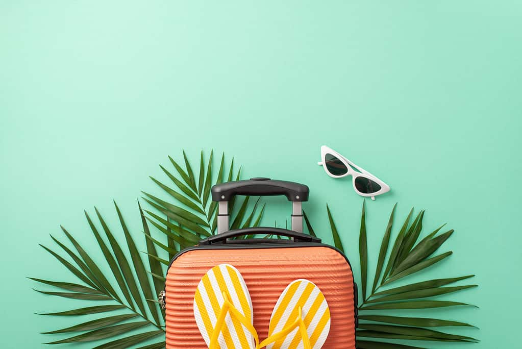 Trasportati in paradiso con la vista dall'alto di uno sfondo turchese che mostra una valigia, accessori da spiaggia, occhiali da sole, infradito e foglie di palma.  Ideale per promozioni di viaggio