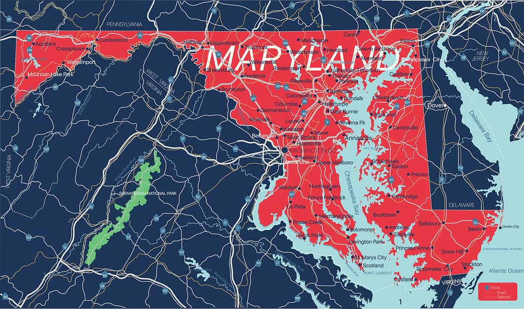 Mappa modificabile dettagliata dello stato del Maryland
