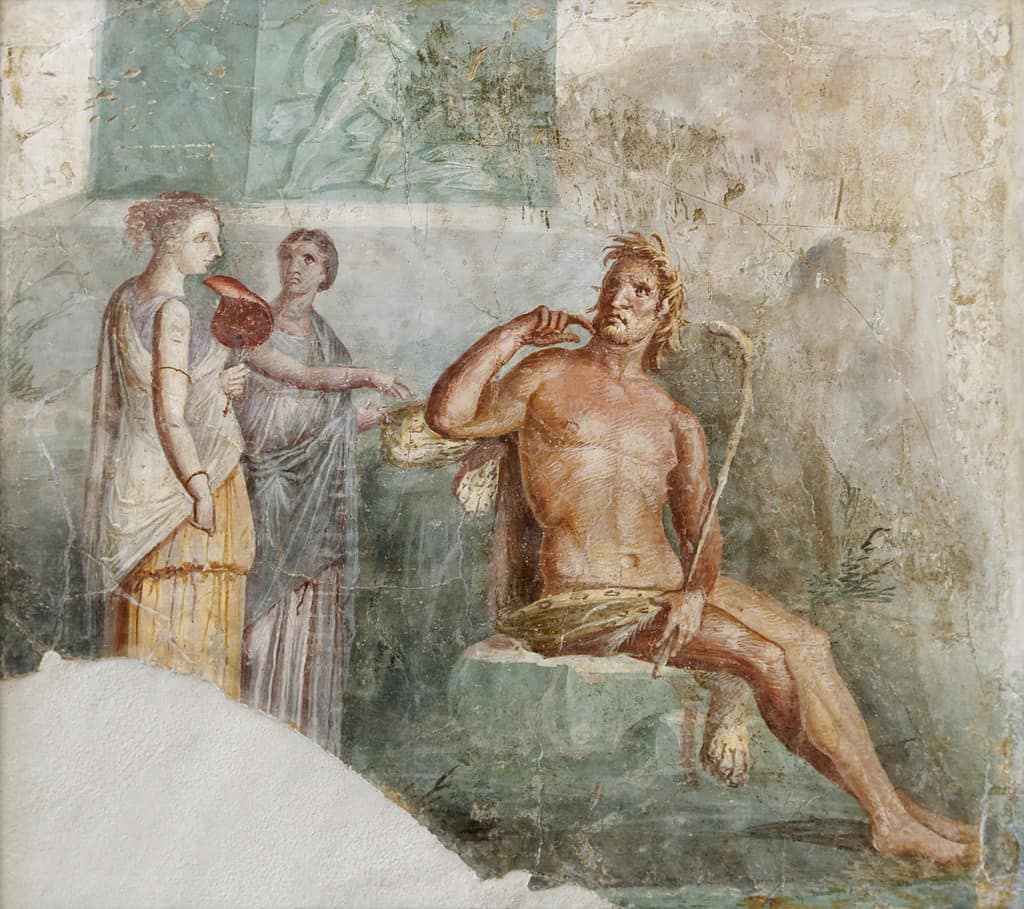 Inglese: Galatea (con in mano un ventaglio) incontra Polifemo;  un affresco romano dipinto nel "Quarto Stile" pompeiano (45-79 d.C.), proveniente da Portici, Italia, ora conservato nel Museo Archeologico Nazionale di Napoli (inventario n. 8983).