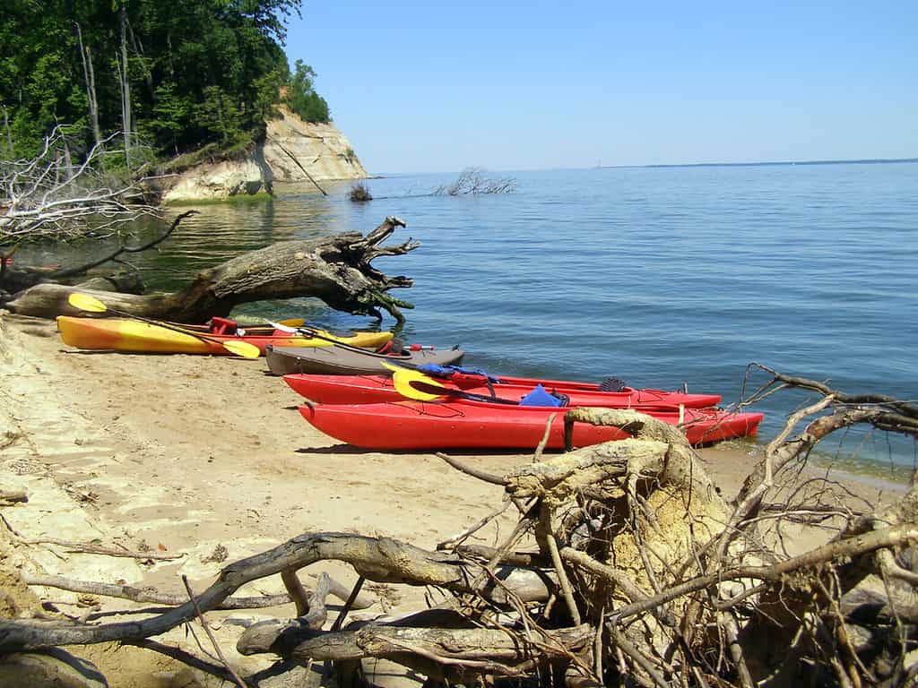 Kayak spiaggiati su Fossil Island, Westmoreland State Park, Virginia.