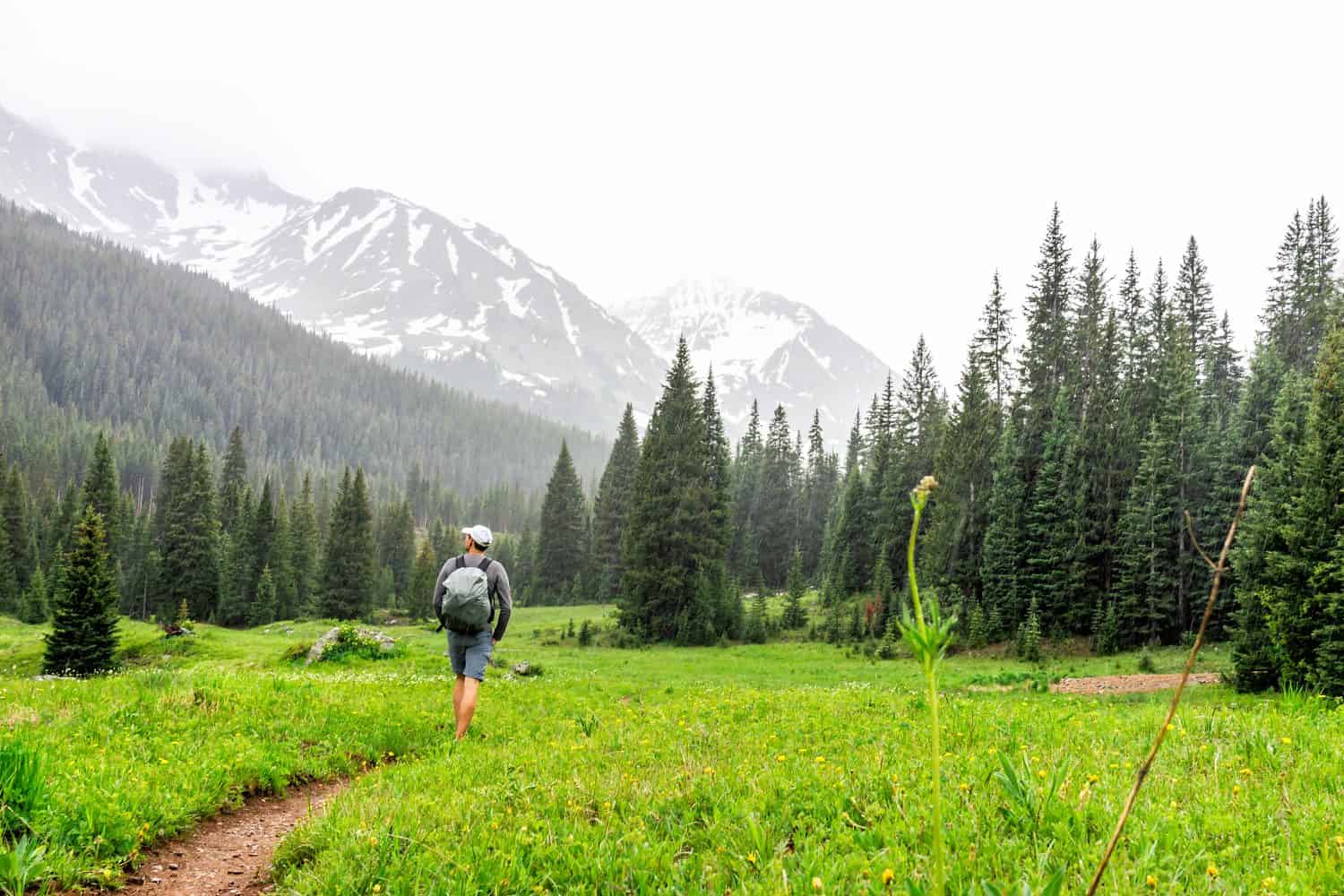 Valle aperta con un escursionista che cammina sotto la pioggia sul Conundrum Creek Trail ad Aspen, Colorado, nell'estate 2019 in una giornata nuvolosa e su strada sterrata