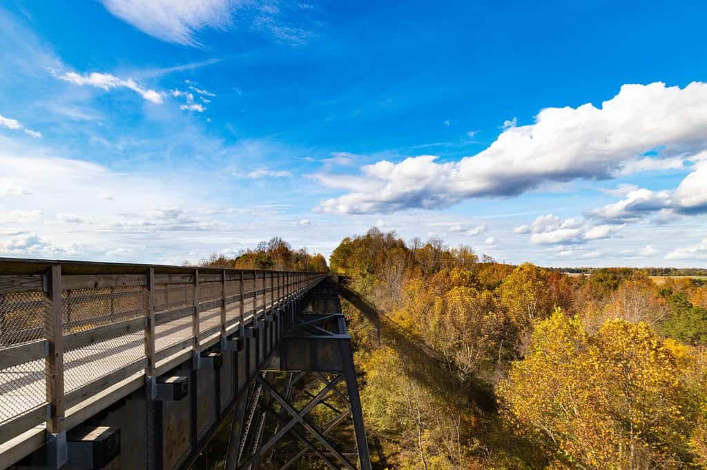 Alto ponte sul fiume Appomattox vicino a Farmville, Virginia in autunno