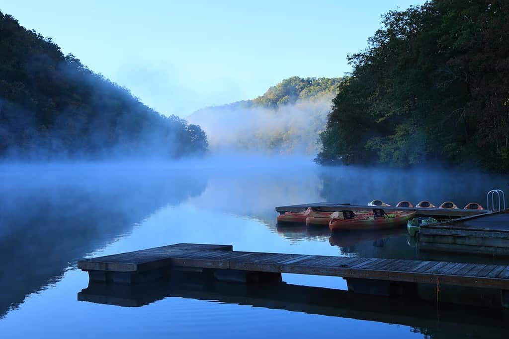 L'alba spunta in una fredda e nebbiosa mattina autunnale all'Hungry Mother State Park a Marion, in Virginia.