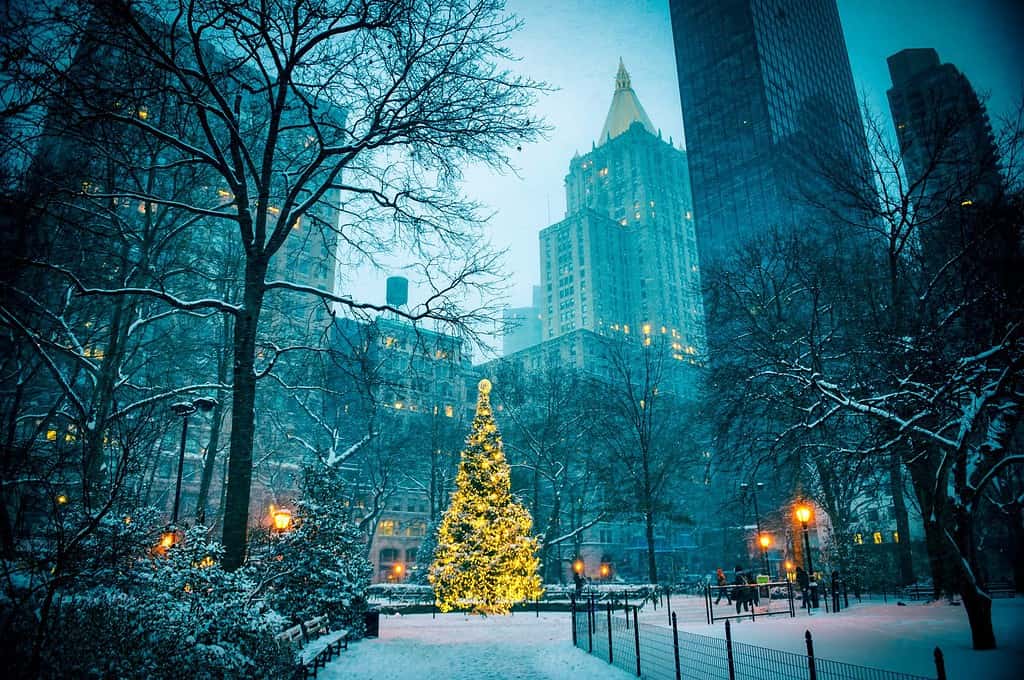 Vista panoramica serale invernale delle luci incandescenti di un albero di Natale circondato dai grattacieli di Midtown Manhattan a Madison Square Park, New York City