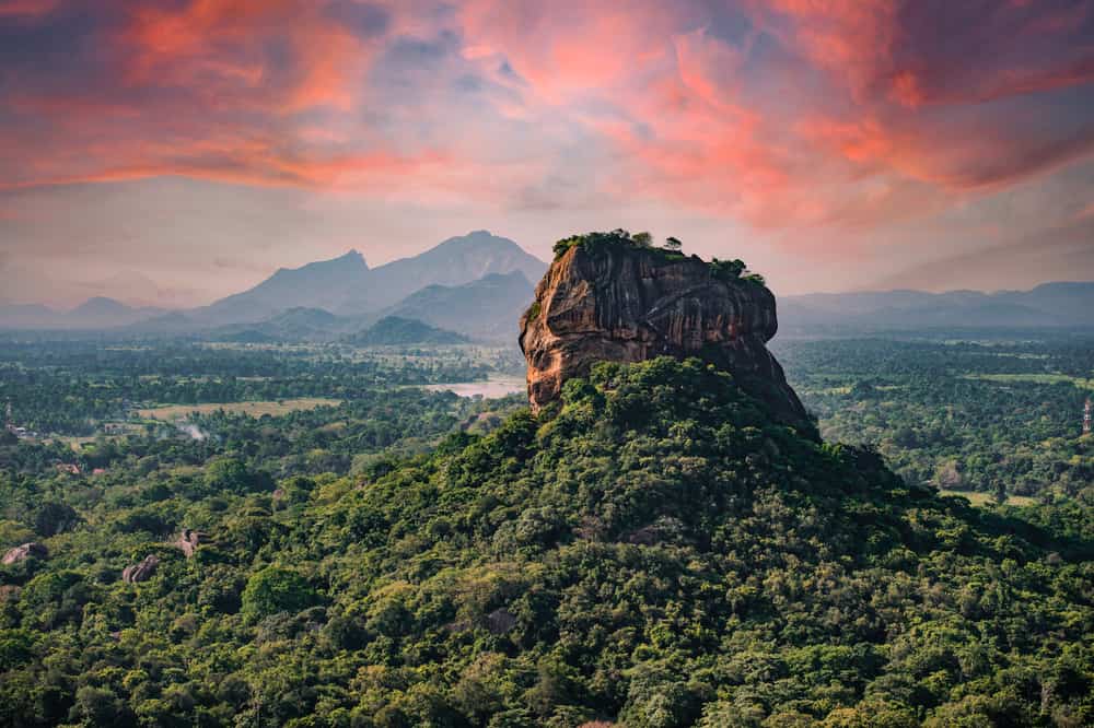 (Messa a fuoco selettiva) Vista spettacolare della Roccia del Leone circondata da una ricca vegetazione verde.  Foto scattata dalla roccia Pidurangala a Sigiriya, Sri Lanka.