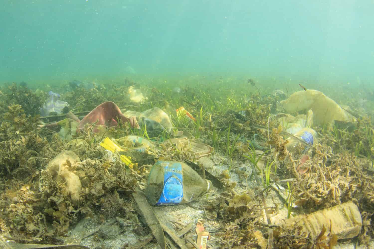 Inquinamento di sacchetti di rifiuti di plastica e bottiglie nell'oceano
