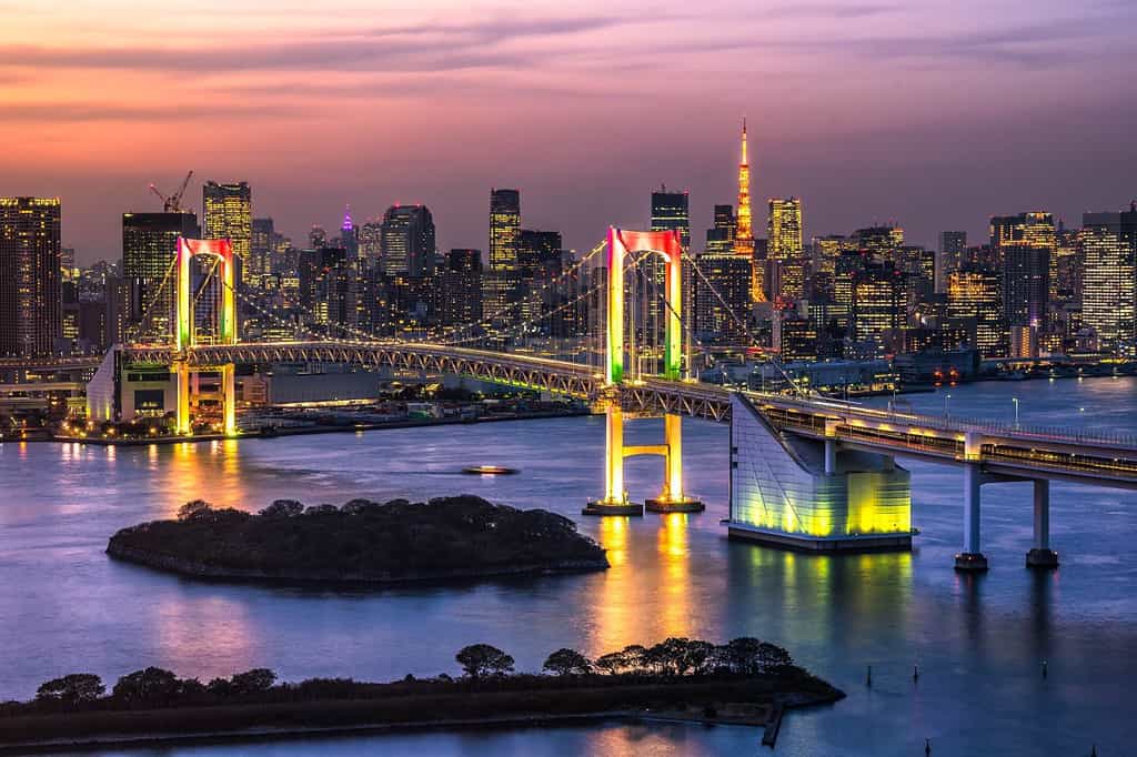 Splendida vista notturna della Baia di Tokyo, del Ponte dell'Arcobaleno e della scena di Twilight, punto di riferimento della Torre di Tokyo, Odaiba, Giappone