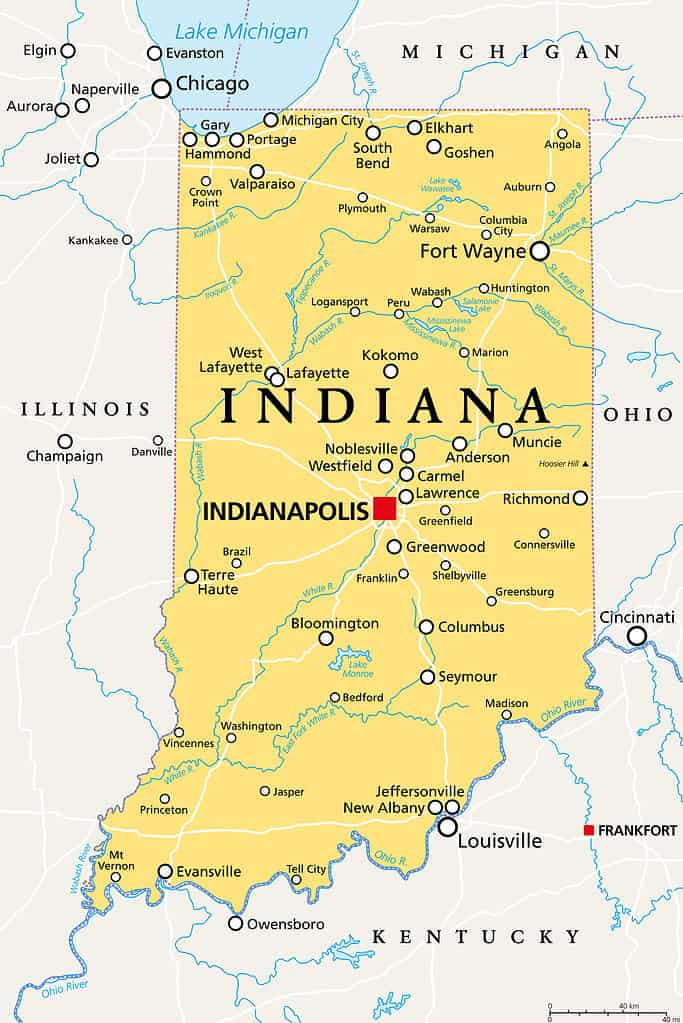Indiana, IN, mappa politica, stato americano, soprannominato The Hoosier State