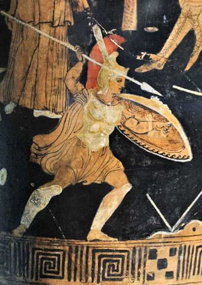 Dipinto greco antico in ceramica policroma di Achille durante la guerra di Troia, Rijksmuseum voor Oudheden