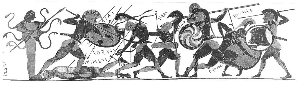 Inglese: Aiace (Aias) combatte Glauco per il cadavere di Achille, mentre Paride ed Enea guardano.  Ad aiutare Aiace è Atena dall'egida serpentina.  Un'anfora calcidese del 540-530 a.C., già nella collezione Pembroke-Hope a Deepdene, in Inghilterra, ora perduta.  Il disegno si basa su A. Rumpf, Chalkidische Vasen (Berlino/Lipsia 1927), tav.  12