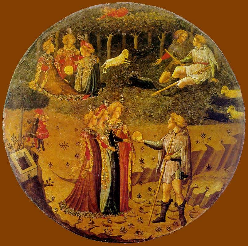 Maestro sconosciuto, italiano (attivo 1430-40 a Firenze);  Maestro del Tondo del Bargello (1400-1450) "Giudizio di Paride" tempera su tavola