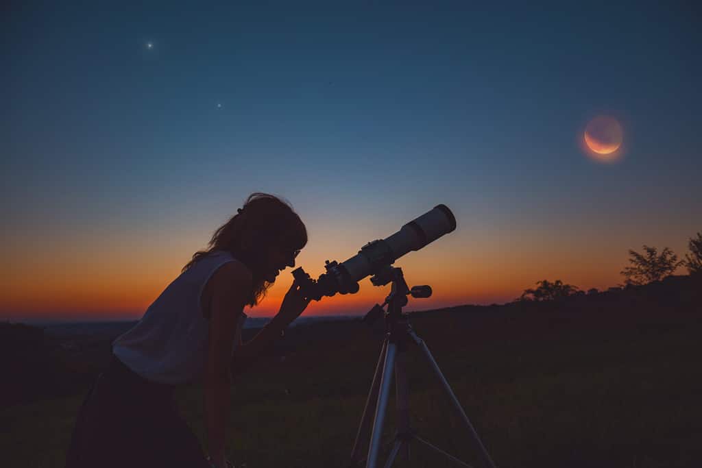 Ragazza che guarda l'eclissi lunare attraverso un telescopio.  Il mio lavoro di astronomia.