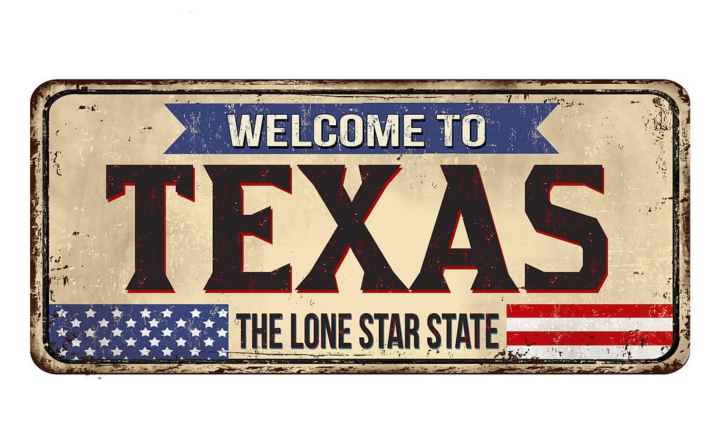 Benvenuti in Texas, cartello vintage in metallo arrugginito