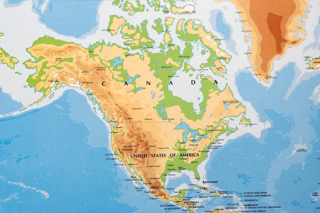 mappa del mondo del continente nordamericano con stati uniti d'america, canada e messico con tutte le linee di confine