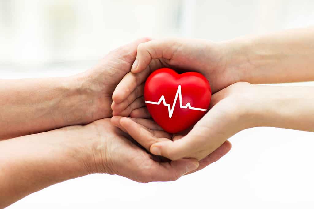 concetto di carità, assistenza sanitaria, donazione e medicina - mano dell'uomo che dà cuore rosso con cardiogramma alla donna