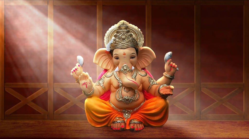 Ganesh Illustrazione del colorato signore indù Ganesha su sfondo decorativo - Poster grafico di arte moderna 3D
