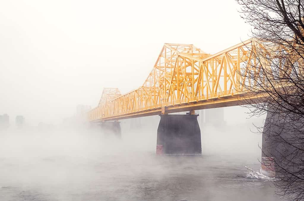 George Rogers Clark Memorial Bridge sul fiume Ohio coperto dalla nebbia