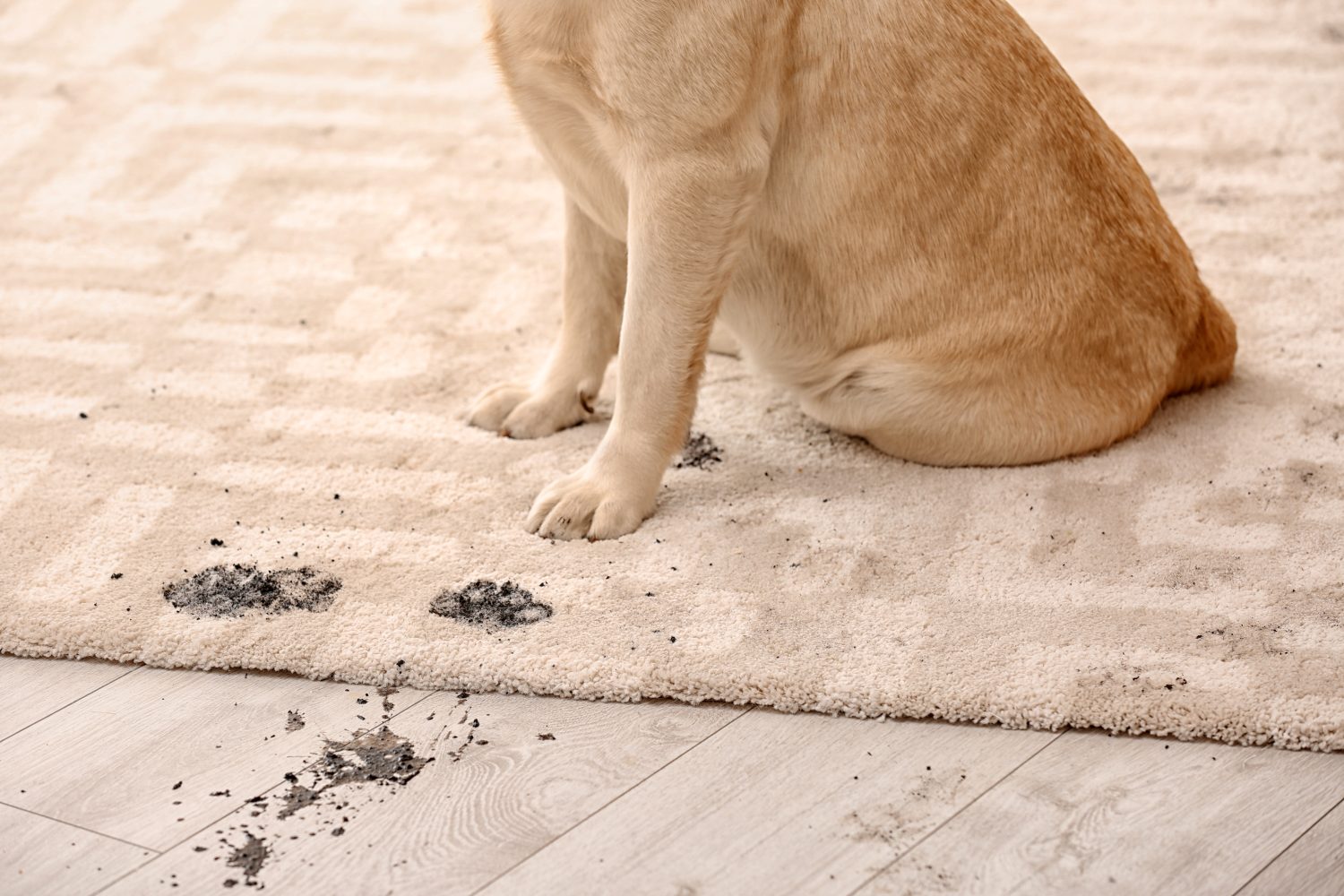 Cane carino che lascia impronte di zampe fangose ​​sul tappeto