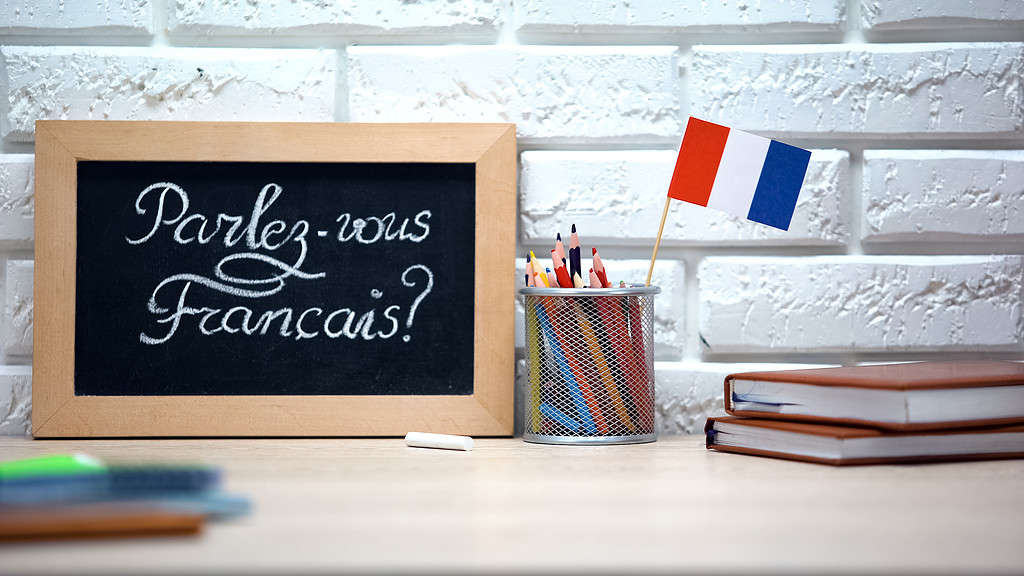 Parli francese scritto a bordo, bandiera della Francia in piedi nella scatola, lingua
