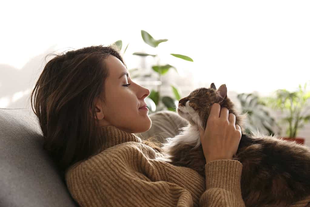 Giovane donna carismatica che gioca con il suo adorabile gatto.