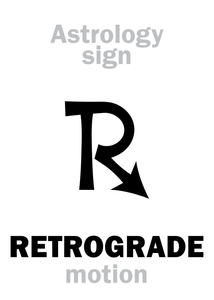 Alfabeto astrologico: movimento RETROGRADO (Regressione).  Segno di carattere geroglifico (simbolo singolo).