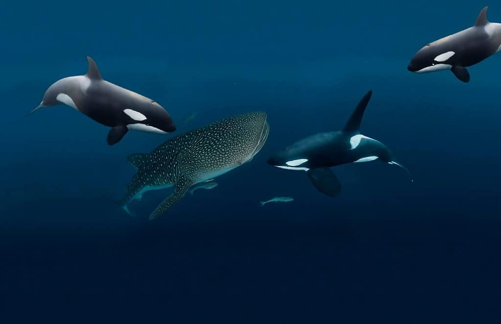 Orche aggressive attaccano un pacifico squalo balena nelle profondità blu del mare