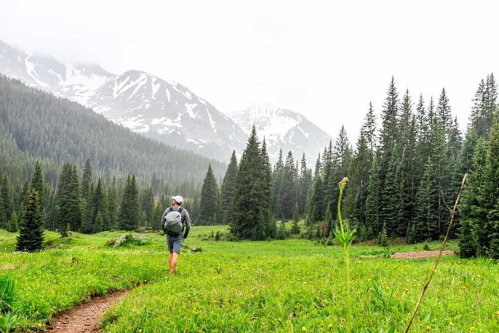 Valle aperta con un escursionista che cammina sotto la pioggia sul Conundrum Creek Trail ad Aspen, Colorado, nell'estate 2019 in una giornata nuvolosa e su strada sterrata