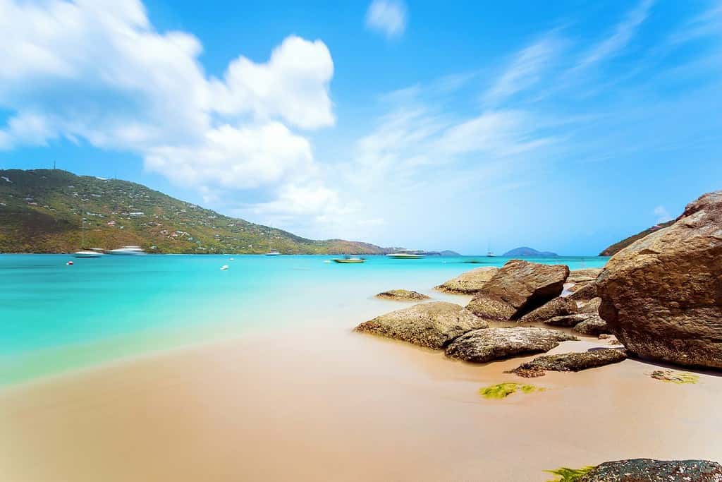 Spiaggia idilliaca a Magens Bay, Saint Thomas, Isole Vergini americane.  Questa spiaggia è considerata una delle dieci migliori spiagge del mondo.  Paradiso e acqua limpida per il relax.  Posto idilliaco.