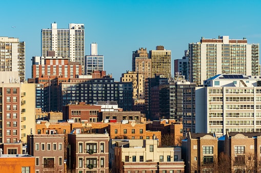 Scena dello skyline di Chicago nei quartieri della Città Vecchia e della Gold Coast