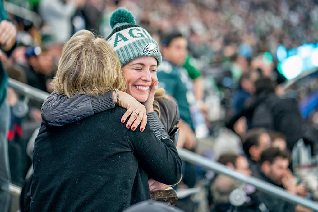 I tifosi degli Eagles celebrano la vittoria sugli spalti del Super Bowl 2018, Minneapolis MN