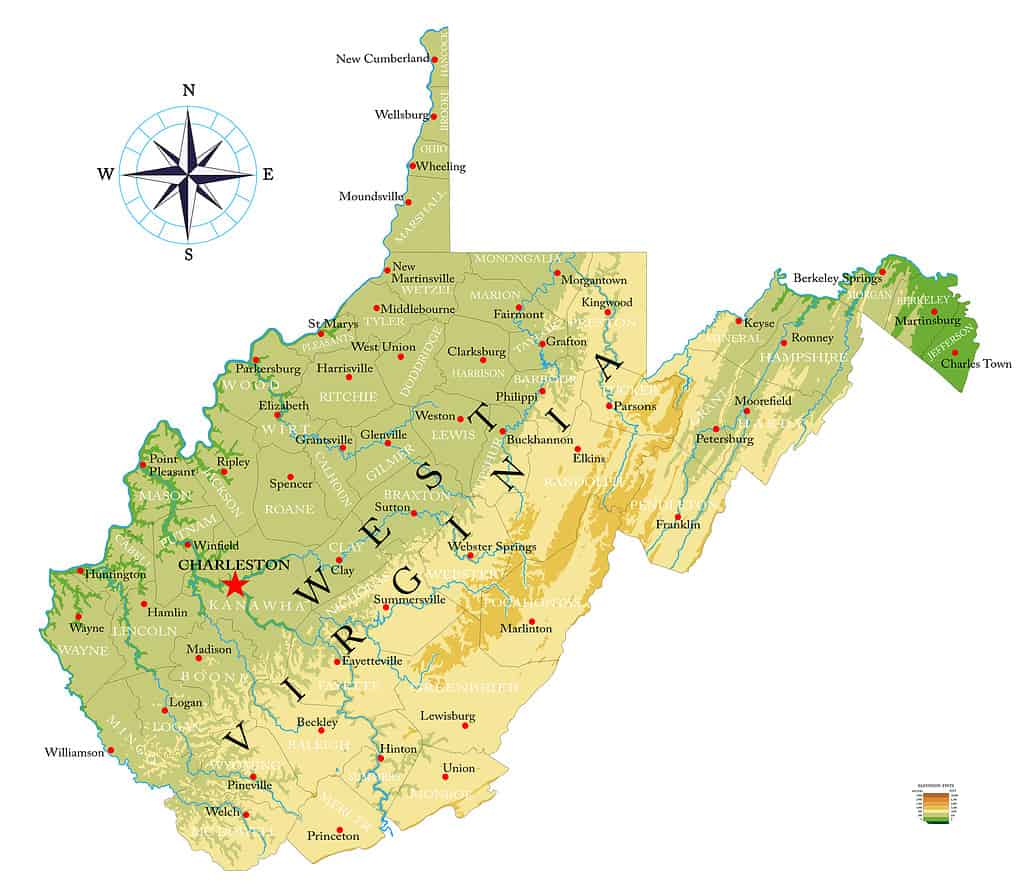 Mappa fisica altamente dettagliata della Virginia Occidentale