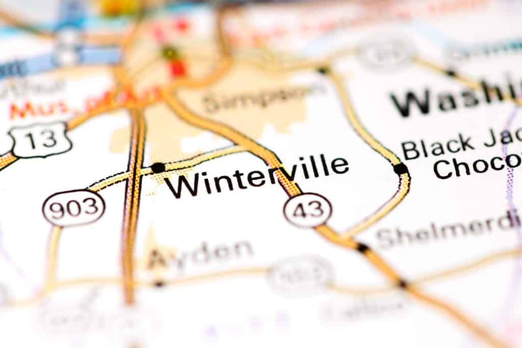 Winterville.  Carolina del Nord.  Stati Uniti su una mappa