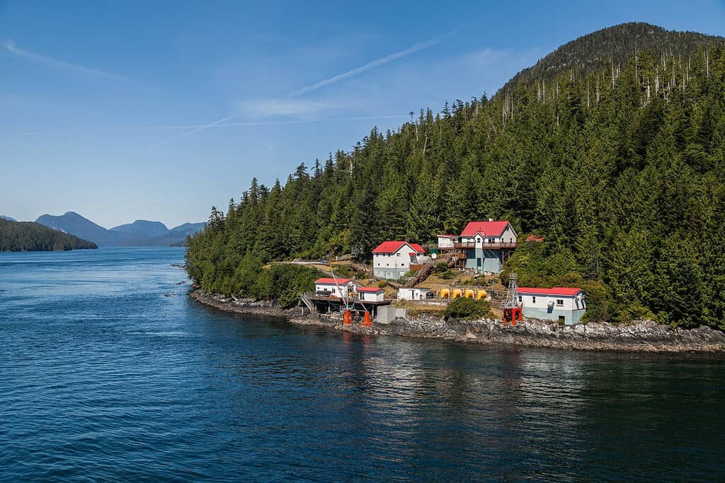 Faro di bluff in barca sull'isola di Sarah, canale di Tolmie, Kitimat-Stikine, British Columbia, Canada.  Visto dall'acqua in una giornata limpida.