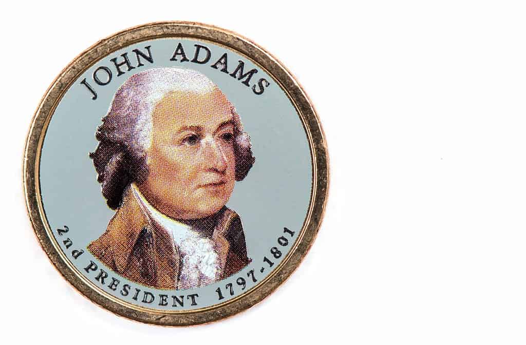 Dollaro presidenziale John Adams, moneta USA con immagine ritratto di JOHN ADAMS 2° PRESIDENTE 1797-1801, $ 1 Stati Uniti di Amekica, primo piano UNC Fior di conio - Collezione