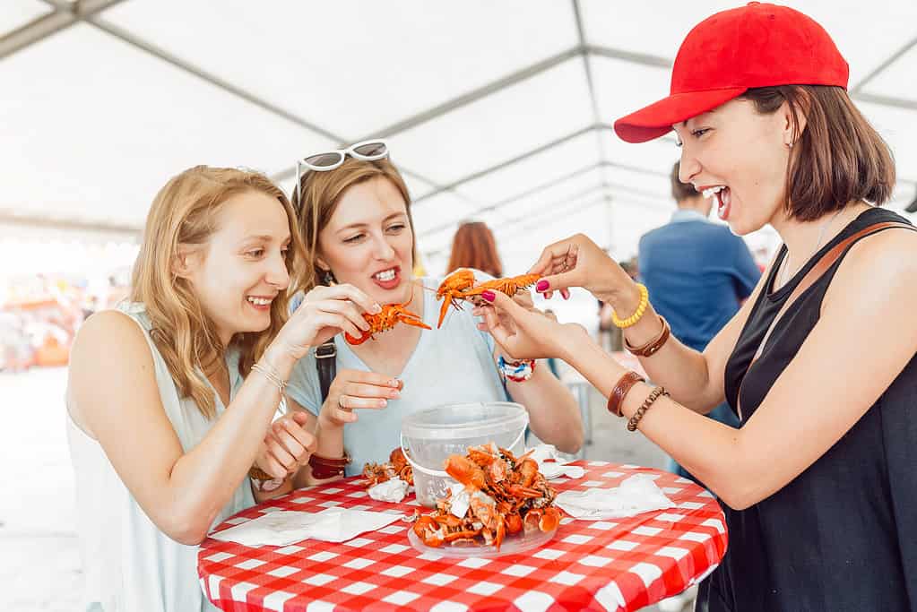 Gruppo di giovani amiche multirazziali che mangiano granchi di frutti di mare o aragoste in un ristorante all'aperto