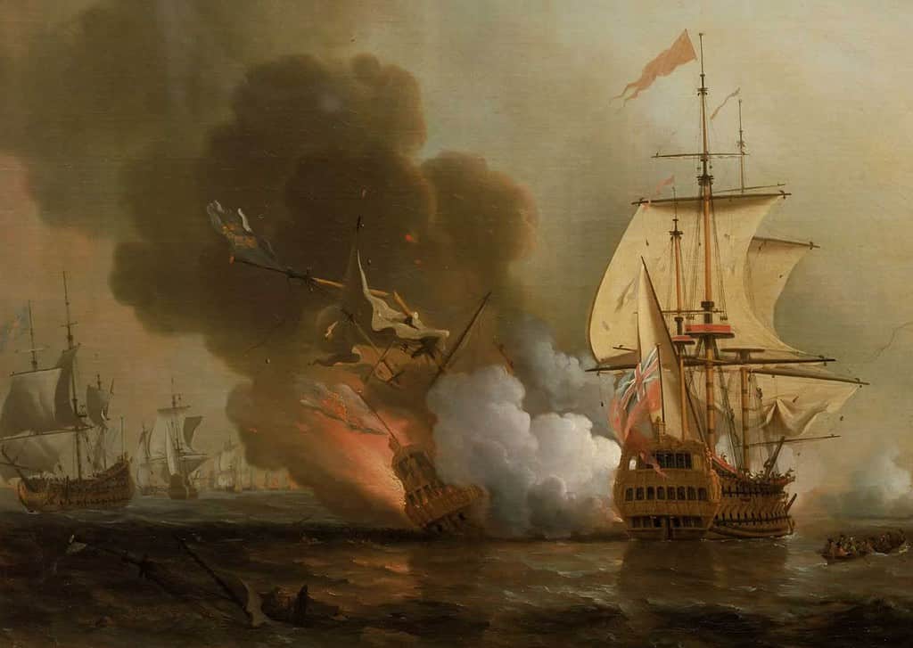 Azione al largo di Cartagena, 28 maggio 1708 Combattimento navale al largo di Cartagena, 28 maggio 1708. Uno squadrone britannico attacca la flotta d'oro spagnola.  Una nave spagnola viene catturata, un'altra costretta al fallimento e la San Jose che trasporta la maggior parte del tesoro spagnolo viene distrutta dall'esplosione della Santa Bárbara.