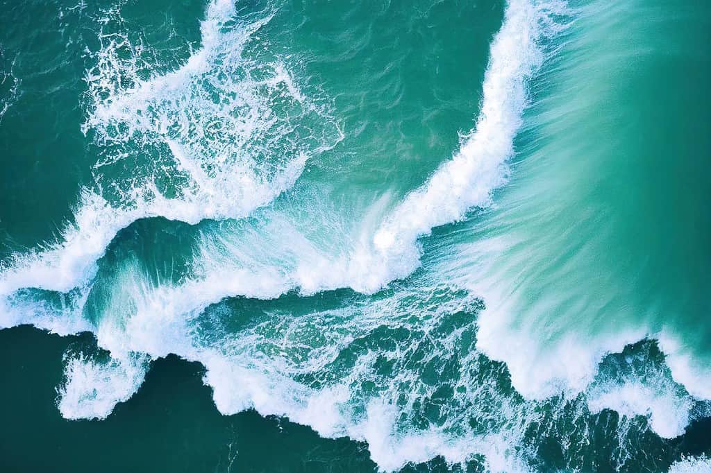 Spettacolare foto di sfondo con vista aerea dall'alto dell'onda bianca dell'acqua di mare dell'oceano che spruzza nel mare profondo.  Sfondo fotografico drone dell'onda del mare in onde a volo d'uccello.