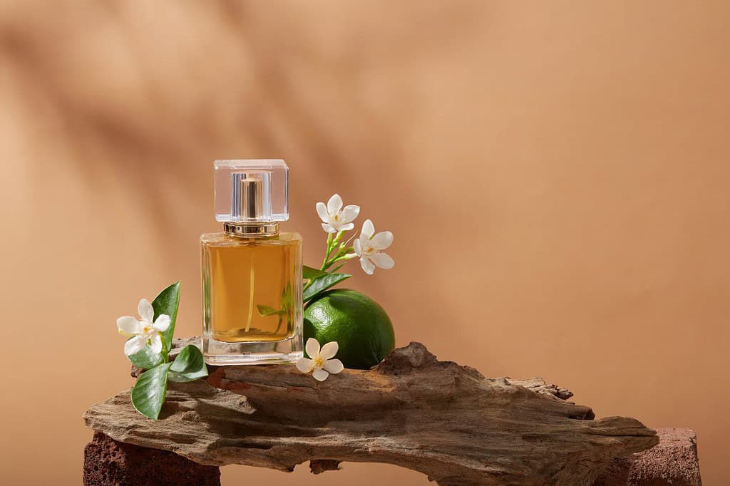 Vista ravvicinata di un ramo di albero con lime, diversi fiori bianchi e una bottiglia di vetro di profumo contenente liquido giallo di estratto di lime (Citrus aurantiifolia).  Etichetta vuota per il modello di branding