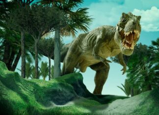 Un tirannosauro rex che calpesta un paesaggio preistorico