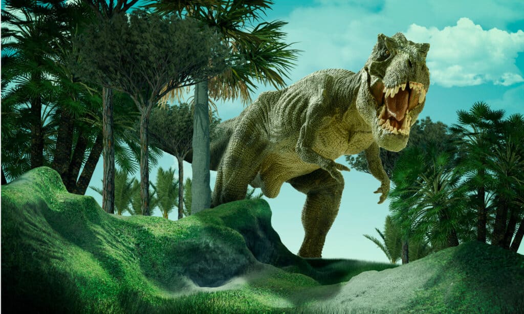 Un tirannosauro rex che calpesta un paesaggio preistorico
