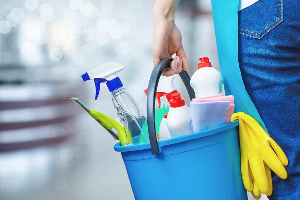 Donna delle pulizie che tiene in mano un secchio di prodotti per la pulizia su uno sfondo sfocato.