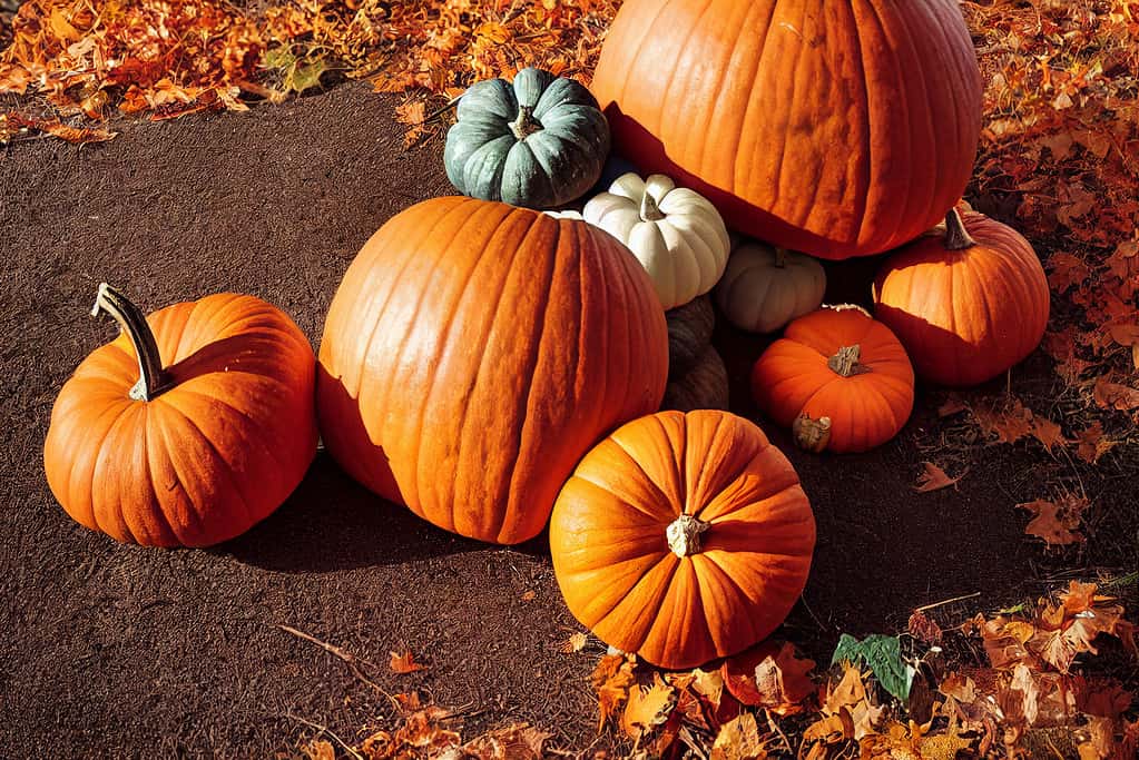 Zucche autunnali, sfondo del Ringraziamento e di Halloween.