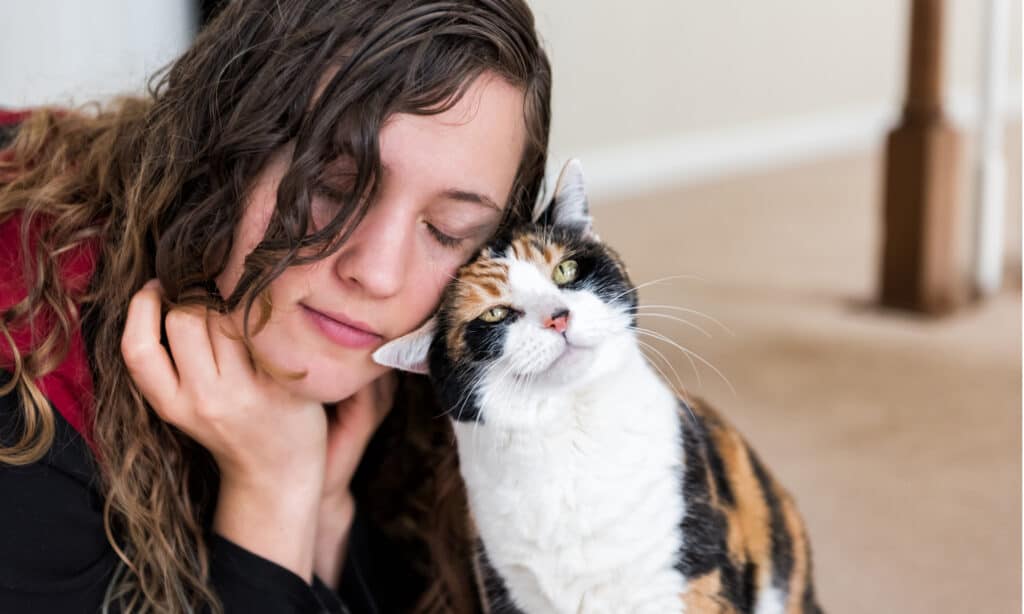 Una giovane donna che gioca con la sua gatta calico