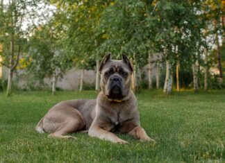 Ritratto di un cane corso italiano, color formentino. Sul prato verde. Cane forte e potente.