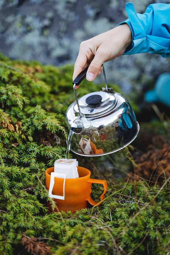 La mano tiene il bollitore in natura per versare acqua bollente in una tazza, preparare un filtro per il caffè, una bevanda istantanea in natura, una rapida preparazione della colazione. Foto di alta qualità